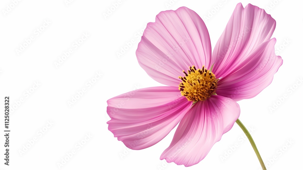 A vibrant pink cosmos flower displaying delicate petals and a rich yellow center against a clean white background.