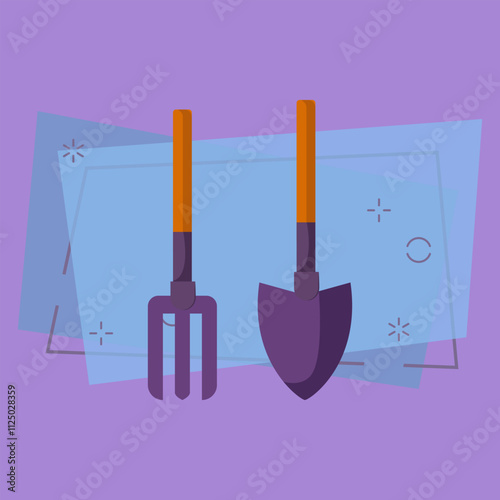 Garden shovel and fork. Spade and pitchfork with wooden handles. Agriculture attributes concept. Vector illustration can be used for topics like garden tools, farming, horticulture