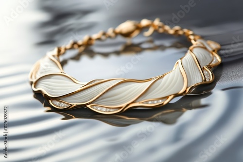 An elegant gold and ivory necklace, designed to mimic the ebb and flow of ocean waves, displayed on a surface that mirrors the sea shore. photo