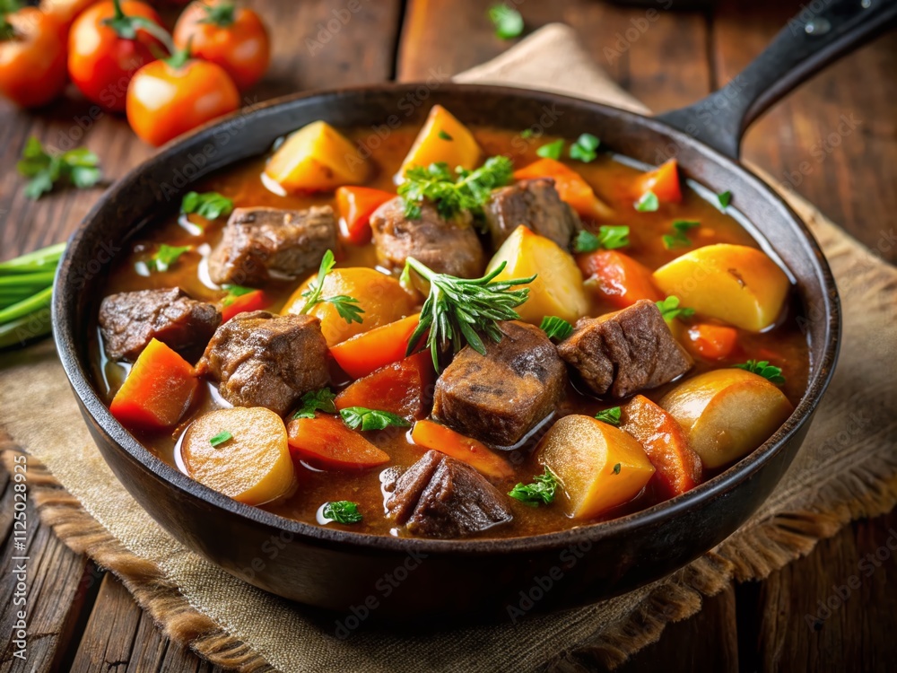 Close-Up of Savory Beef Stew with Potatoes and Carrots in a Cast Iron Pan, Showcasing a Delicious Meal Perfect for Comfort Food Lovers Close-Up of Savory Beef Stew with Potatoes and Carrots in a Cast Iron Pan, Showcasing a Delicious Meal Perfect for Comfort Food Lovers