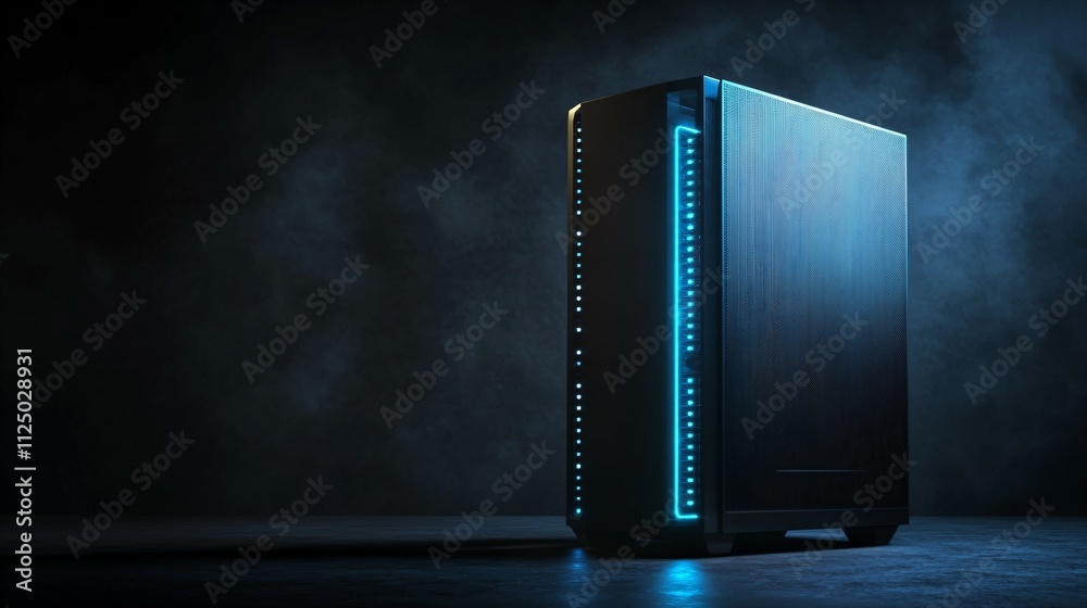 Obraz premium Modern game server rack with blinking lights and cables, symbolizing high-tech infrastructure and online gaming, set against a dark background.