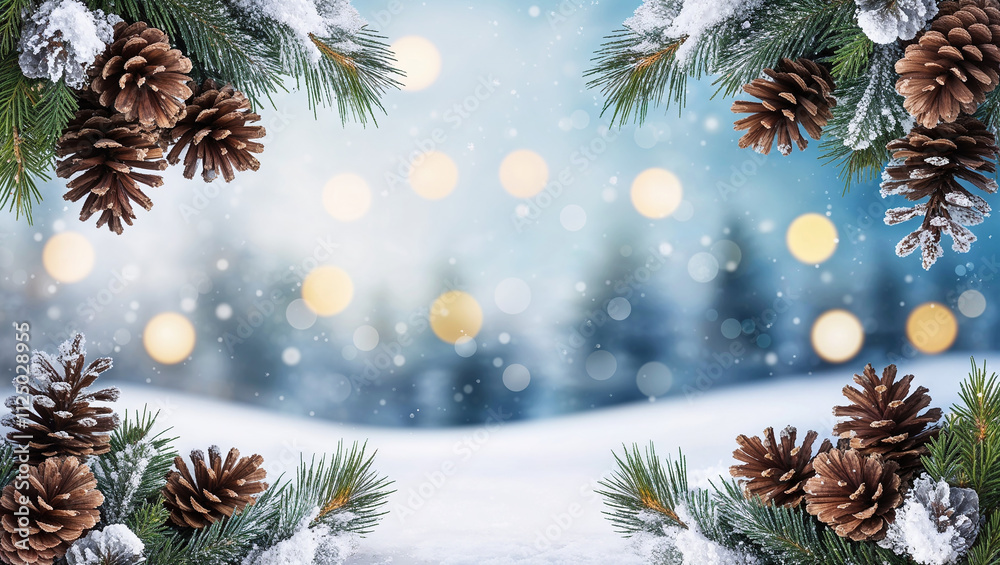 Christmas greeting card with snowy pine cones and blurred lights framing winter landscape Christmas greeting card with snowy pine cones and blurred lights framing winter landscape