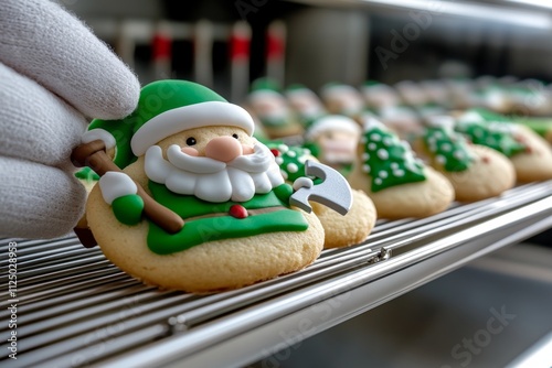 A dwarf baker preparing Christmas cookies shaped like axes, shields, and Christmas trees, with snow frosting on top photo