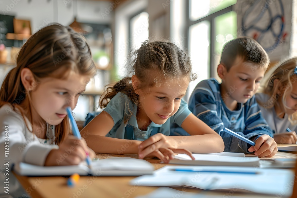 photo of happy school kids doing homework together in the classroom, group learning and teaching concept photo of happy school kids doing homework together in the classroom, group learning and teaching concept