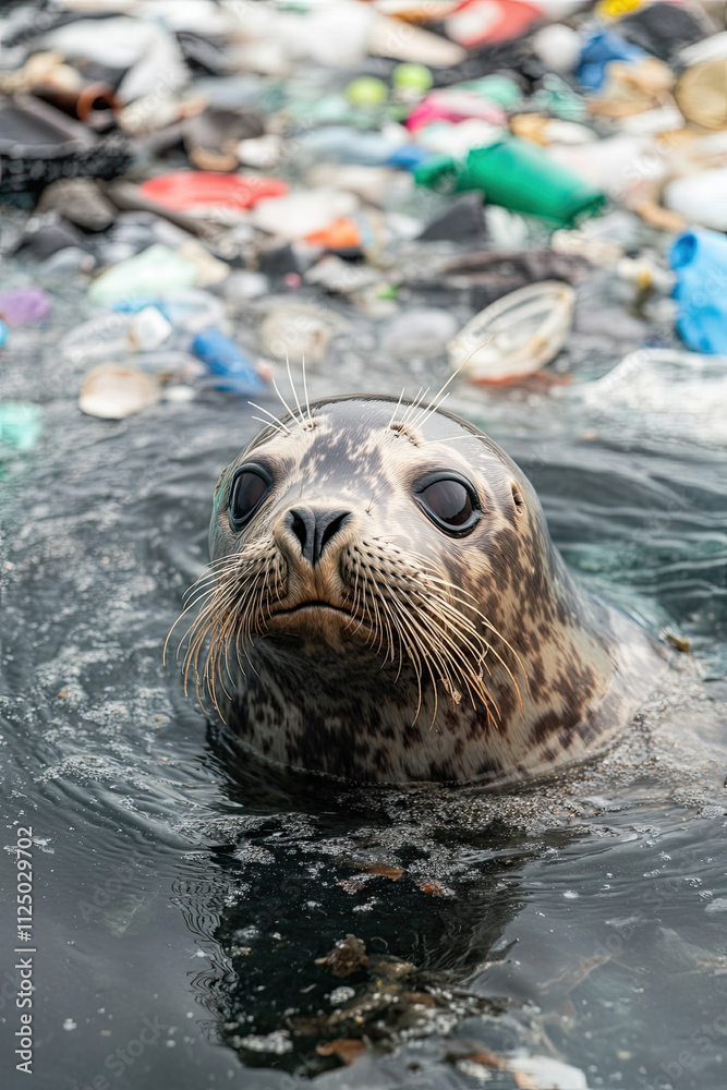 Fototapeta premium A seal trying to swim in a sea filled with plastic waste, visibly struggling