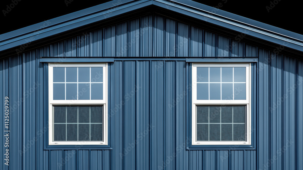 Fototapeta premium Modern blue house exterior with two windows showcasing sleek design. metal siding adds contemporary touch, perfect for architectural inspiration