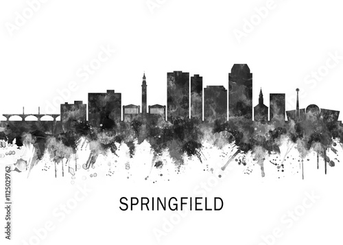 Springfield Massachusetts Skyline BW, cityscape landscape watercolor abstract painting splash travel art illustration graphic design urban art modern downtown