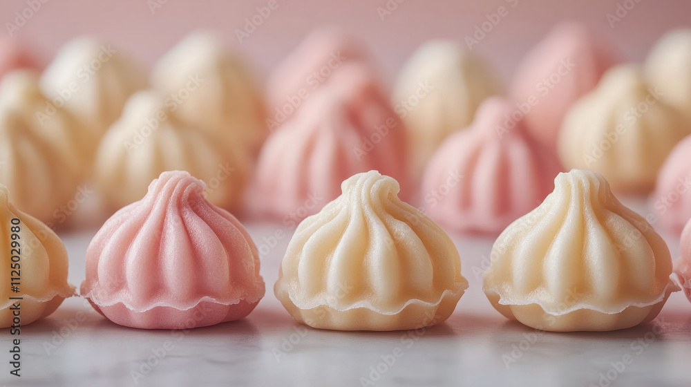 Delicate pastel colored dumplings arranged in row, showcasing minimalistic design perfect for food photography or product display. soft textures and colors evoke sense of sweetness and charm Delicate pastel colored dumplings arranged in row, showcasing minimalistic design perfect for food photography or product display. soft textures and colors evoke sense of sweetness and charm