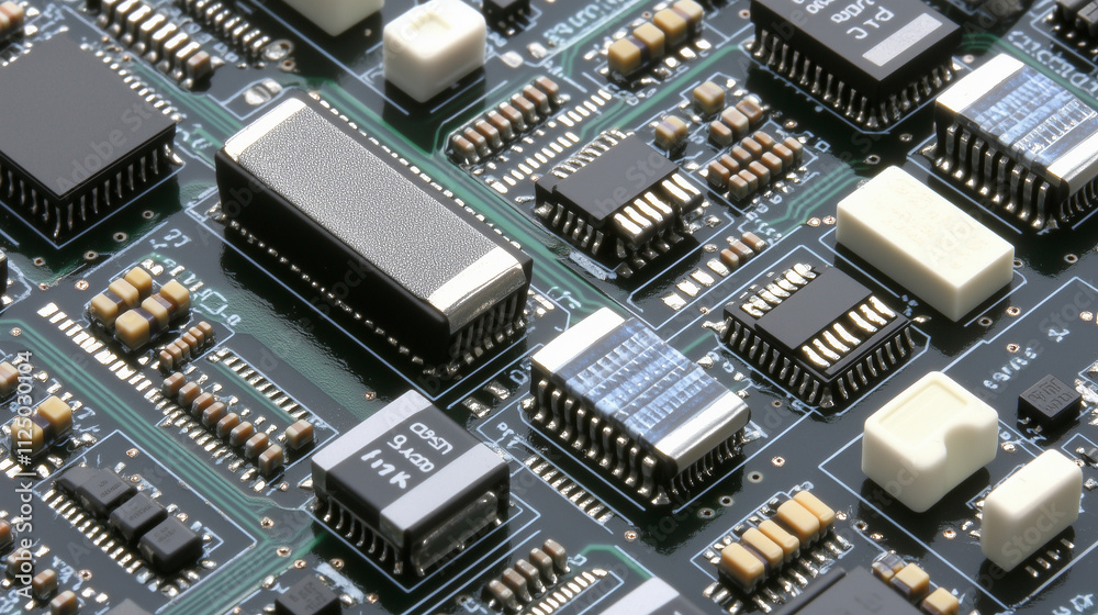 Close-up of electronic components on a development board, featuring detailed resistors, capacitors, and integrated circuits with a clean and professional blurred background. High-tech and engineering Close-up of electronic components on a development board, featuring detailed resistors, capacitors, and integrated circuits with a clean and professional blurred background. High-tech and engineering