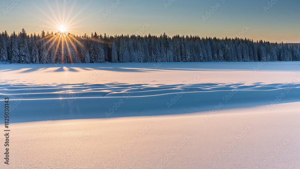 Sun shining over snow covered frozen lake and forest Sun shining over snow covered frozen lake and forest