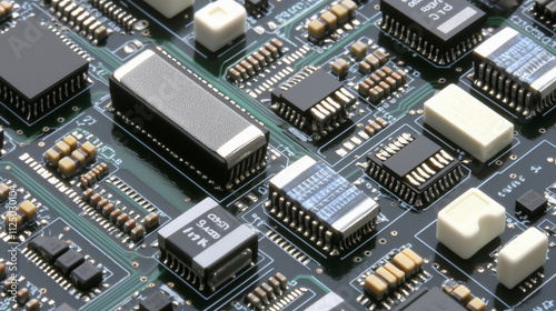Close-up of electronic components on a development board, featuring detailed resistors, capacitors, and integrated circuits with a clean and professional blurred background. High-tech and engineering 