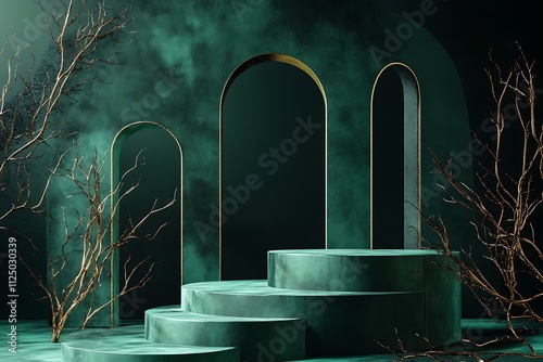 Fototapeta Naklejka Na Ścianę i Meble -  Podium Green Canton color and Monstera garden on Wall. 3D Rendering concept