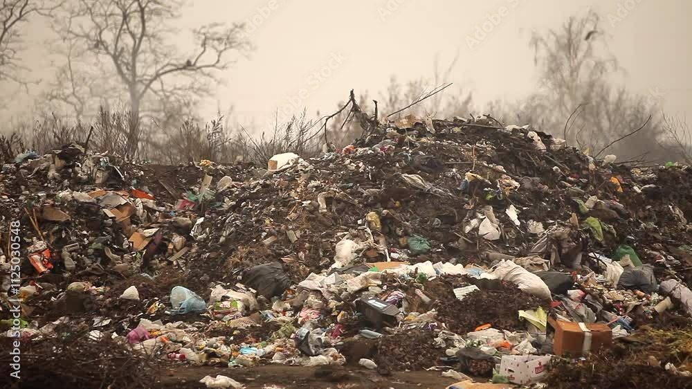 A large heap of various types of waste and debris, including plastic, paper, cardboard, and other discarded materials,