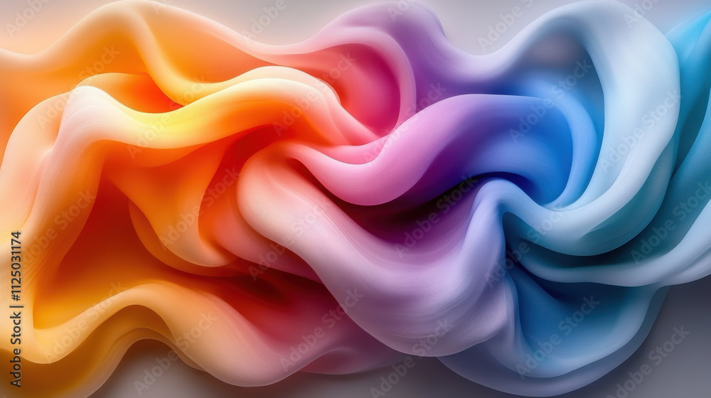 Fototapeta premium Vibrant abstract fabric waves in orange, pink, purple, and blue colors create dynamic and fluid design, perfect for backgrounds or product overlays