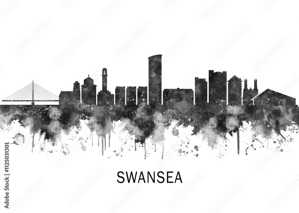 Swansea Wales Skyline BW, cityscape landscape watercolor abstract painting splash travel art illustration graphic design urban art modern downtown Swansea Wales Skyline BW, cityscape landscape watercolor abstract painting splash travel art illustration graphic design urban art modern downtown