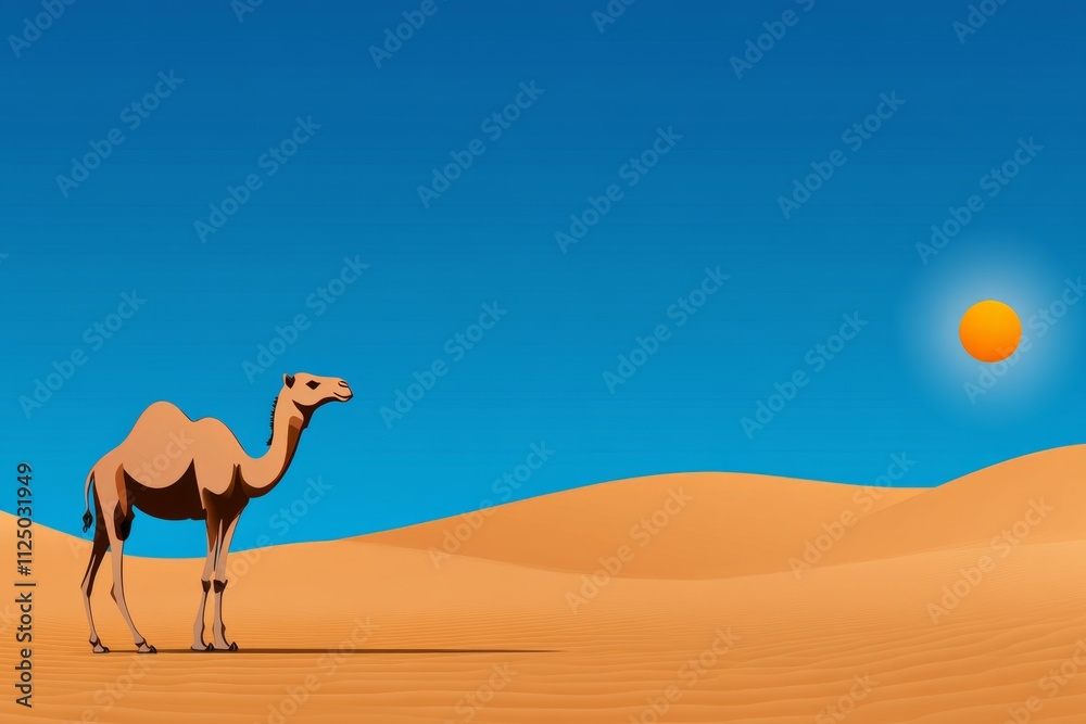 A flat vector of a camel walking through desert dunes, with a minimalist sun in the background A flat vector of a camel walking through desert dunes, with a minimalist sun in the background