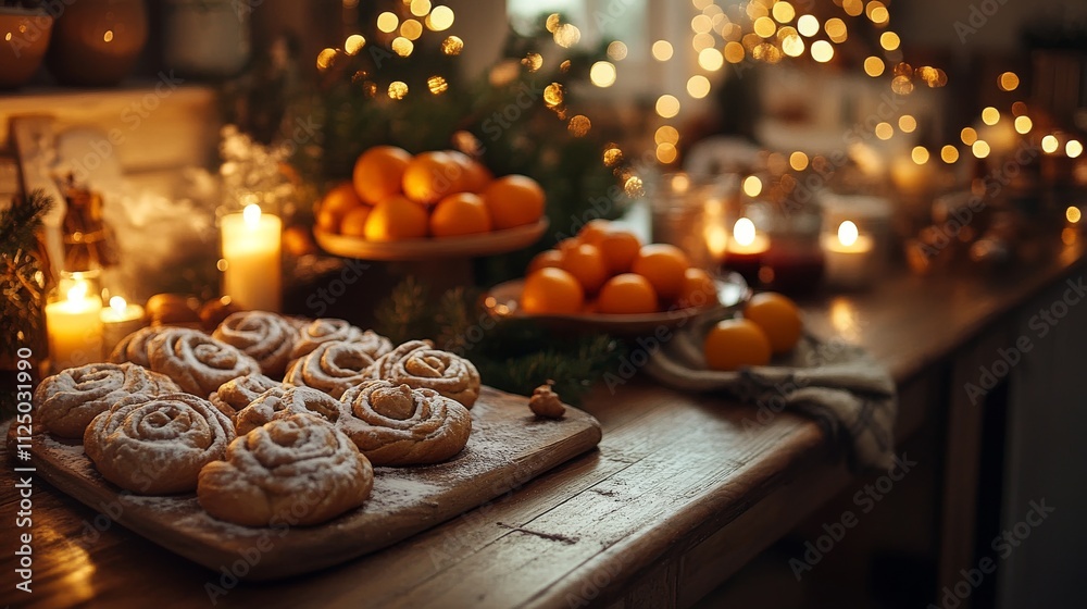 A festive kitchen with gingerbread cookies, cinnamon rolls oozing with icing, and a bowl of bright tangerines on a vintage wooden table. The scene is warm and welcoming, lit by soft candles.