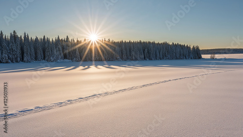 Wallpaper Mural Sun shining over snowy landscape with footprints leading to forest Torontodigital.ca