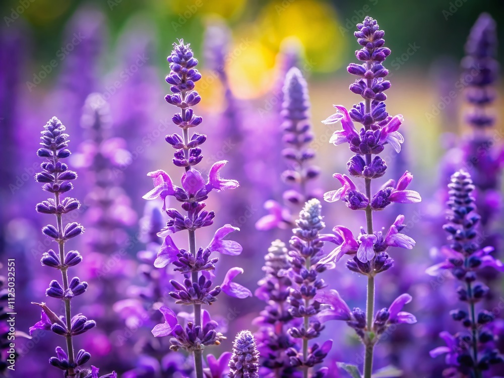 Obraz premium Closeup of Vibrant Violet Salvia Flowers Against a Soft Background with Negative Space Highlighting the Delicate Petals and Rich Coloration of Nature's Beauty