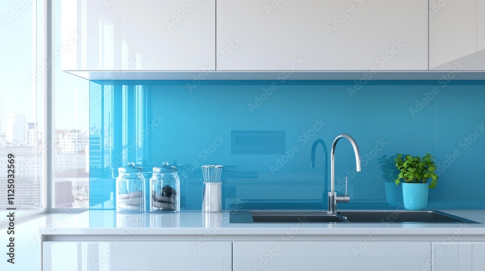 Fototapeta premium A white kitchen with vibrant blue accent cabinets and backsplash.