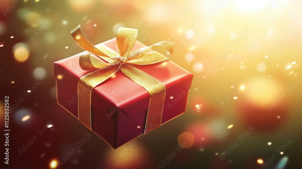Beautifully wrapped red gift box with a gold ribbon floating in a dreamy background of light bokeh, perfect for holiday and celebration themes, evoking joy and surprise for any occasion. Beautifully wrapped red gift box with a gold ribbon floating in a dreamy background of light bokeh, perfect for holiday and celebration themes, evoking joy and surprise for any occasion.
