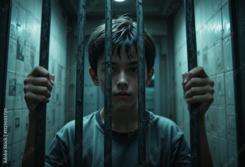 Image of a young child holding the bars of a prison cell Image of a young child holding the bars of a prison cell