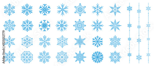 Large set of snowflakes and garlands in blue color. Geometric New Year decorations on a white background. Winter ornaments for invitations and holiday cards. Vector illustration.