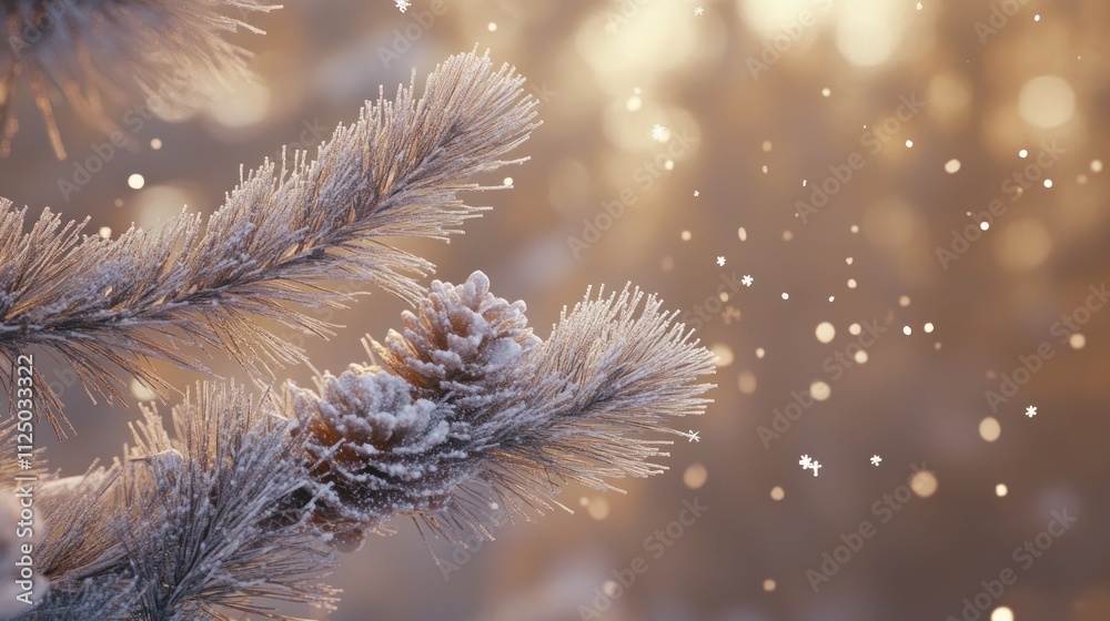 Snowy pine branch with pine cone, winter sunlit background. Snowy pine branch with pine cone, winter sunlit background.
