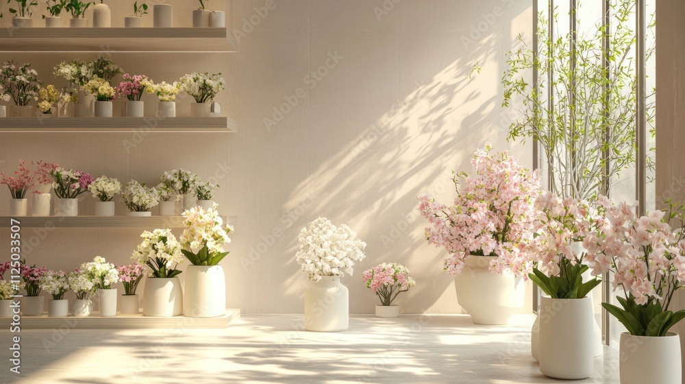 A room with flower accent vases placed on tables and shelves. A room with flower accent vases placed on tables and shelves.