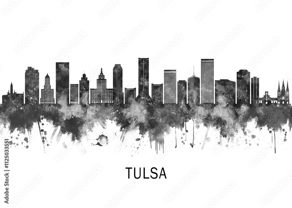 Tulsa Oklahoma Skyline BW, cityscape landscape watercolor abstract painting splash travel art illustration graphic design urban art modern downtown