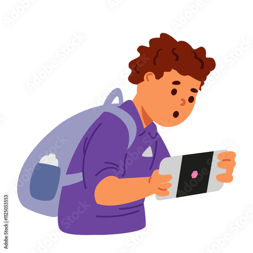 School boy with backpack playing smartphone flat vector illustration isolated on white.