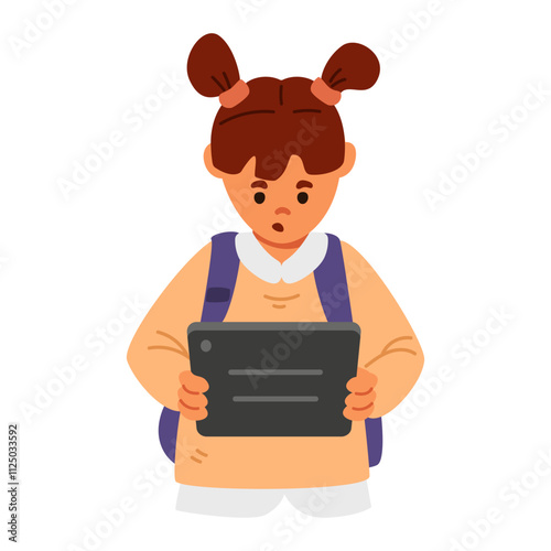 School girl with backpack playing with tablet flat vector illustration isolated on white. Gadget addiction.