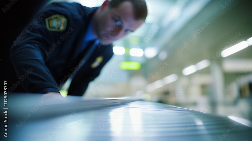 Attentive security officer inspecting a suitcase at an airport, focusing on detailed examination of baggage near luggage conveyor area. Airport security check and travel safety concepts.

