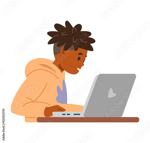 African American boy sitting at desk using laptop flat vector illustration isolated on white.