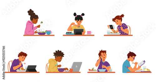 Different children using gadgets while eating flat vector illustrations set isolated on white. Gadget addiction problem.