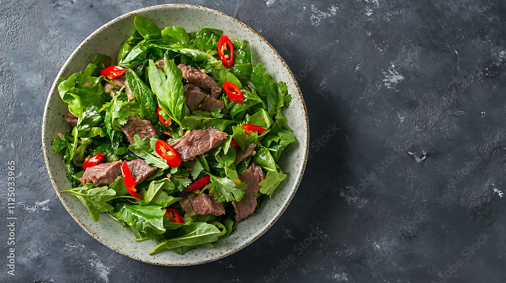 Traditional Thai beef salad with a minimal backdrop
