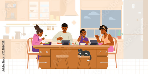 Gadget-addicted African American family with two kids at dinner table in the kitchen flat vector illustration isolated on white. Parents and children using tablets and smartphone while eating.