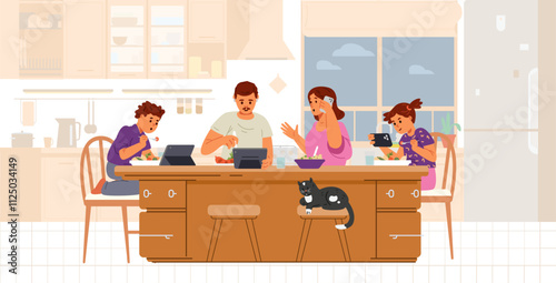 Gadget-addicted family with two children at dinner table in the kitchen flat vector illustration isolated on white. Parents and children using tablets and smartphone while eating.