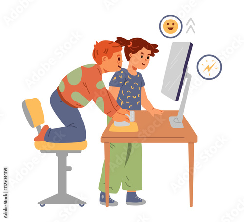 Boy and girl watching to computer screnn together flat vector illustration isolated on white.