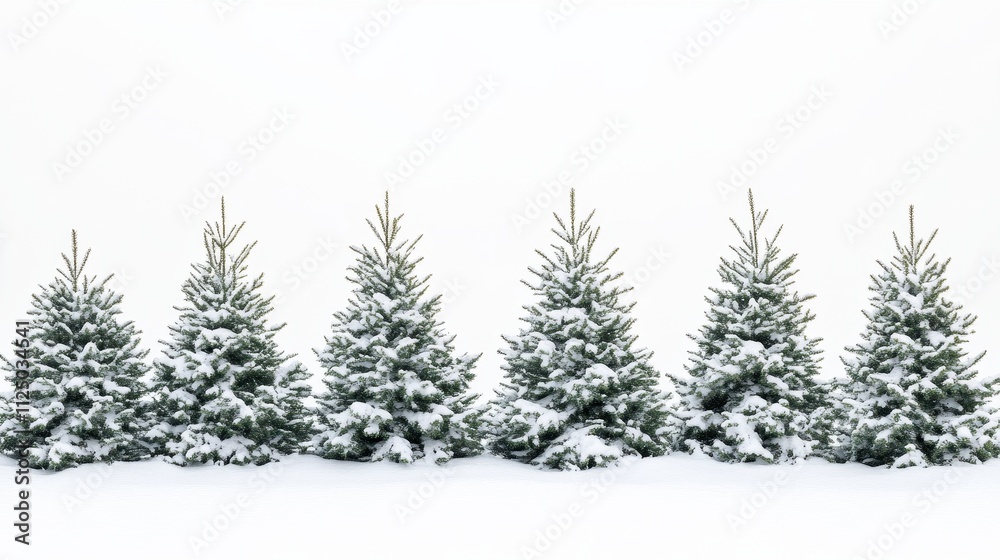 A beautiful collection of snow-topped Christmas trees on a white background, creating a classic and serene holiday aesthetic. Space for text. A beautiful collection of snow-topped Christmas trees on a white background, creating a classic and serene holiday aesthetic. Space for text.