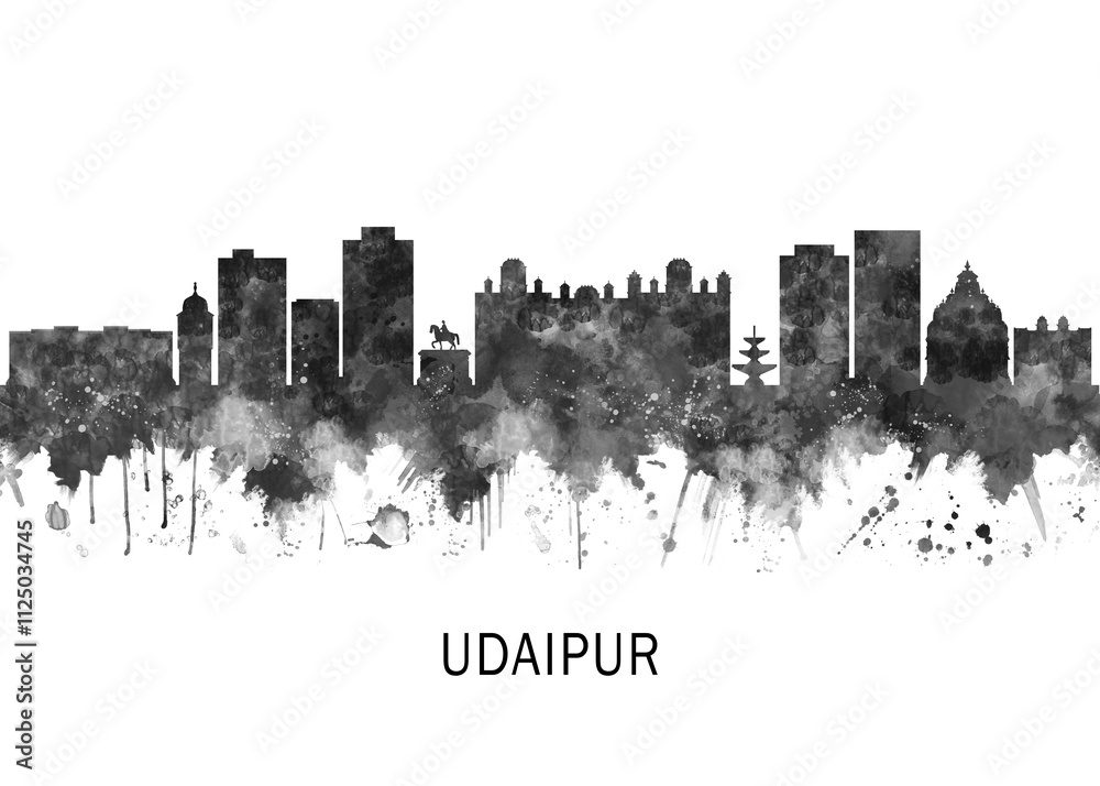 Fototapeta premium Udaipur Rajasthan Skyline BW, cityscape landscape watercolor abstract painting splash travel art illustration graphic design urban art modern downtown