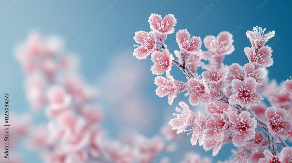 Delicate frozen pink flowers against a soothing blue background Delicate frozen pink flowers against a soothing blue background