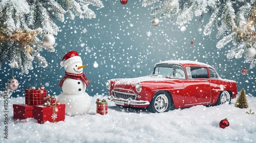 Festive winter scene with a classic red car, snowman in a red scarf, surrounded by snow-covered presents and trees, capturing the magic of the holiday season in a snowy wonderland. photo