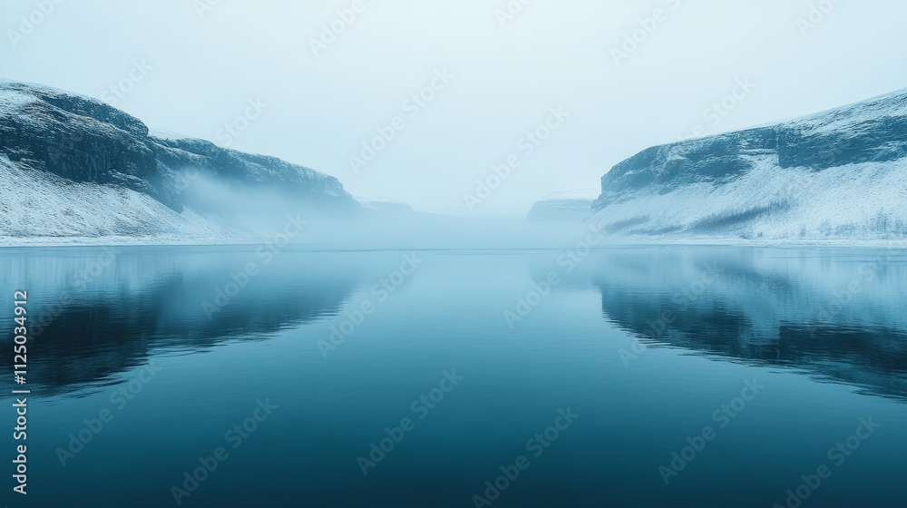 Tranquil winter landscape with snow-capped mountains and calm water reflections Tranquil winter landscape with snow-capped mountains and calm water reflections