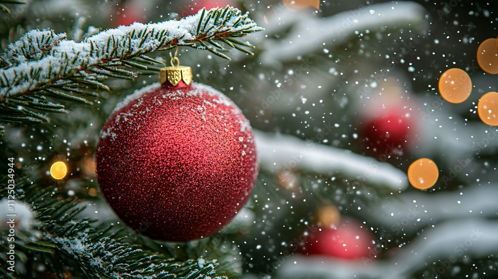Snowy Christmas Ornament on Fir Branch Snowy Christmas Ornament on Fir Branch