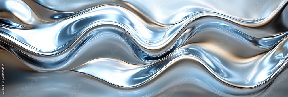 Fototapeta premium Undulating 3D forms resembling shimmering metallic waves with reflective, fluid surfaces