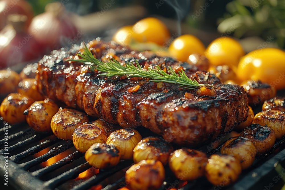 Grilled meat and vegetables on a barbecue, showcasing a delicious outdoor cooking scene. Grilled meat and vegetables on a barbecue, showcasing a delicious outdoor cooking scene.