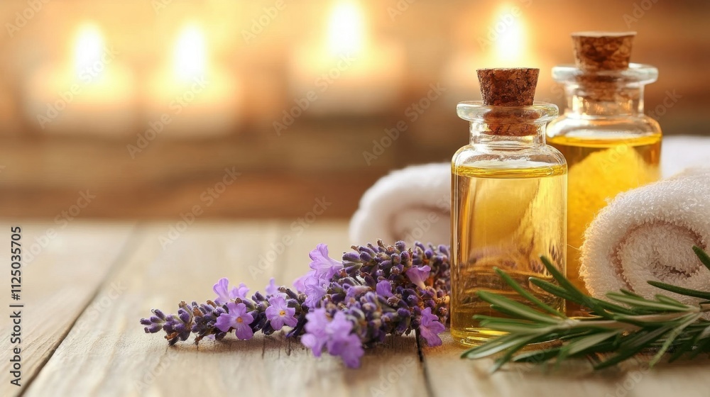Elegant Aromatherapy Setup with Oils, Lavender, and Candles Elegant Aromatherapy Setup with Oils, Lavender, and Candles