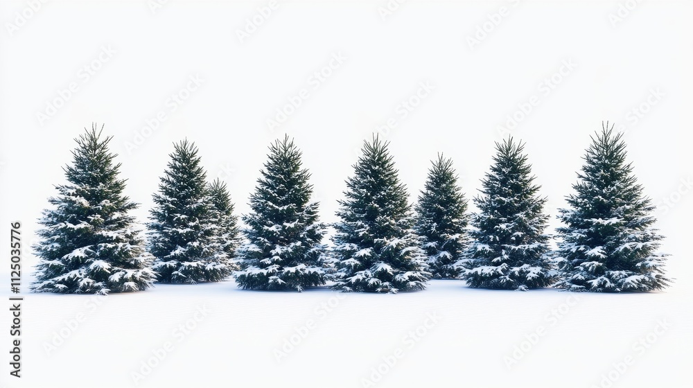 Obraz premium A festive collection of snow-laden evergreen trees isolated on a transparent background, capturing the magic of the holiday season. Space for text.