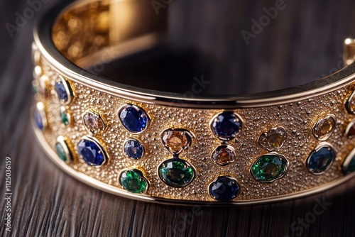 Close-up of an intricate gold cuff bracelet with embedded sapphires and emeralds, reflecting opulence and craftsmanship. The rich colors contrast beautifully against a dark oak surface. photo